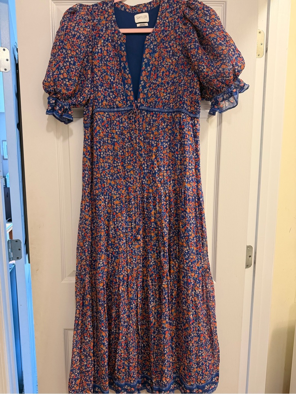 SAYLOR Blue Floral Puff-Sleeve Midi Dress